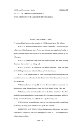 2018 Second Extraordinary Session ENROLLED SENATE CONCURRENT RESOLUTION NO. 2 by SENATOR LONG and REPRESENTATIVE DEVILLIER A