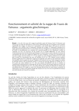 Fonctionnement Et Salinité De La Nappe De L'oasis De Fatnassa : Arguments Géochimiques