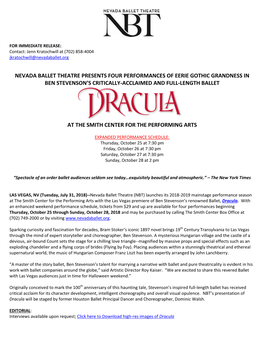 Nevada Ballet Theatre Presents Four Performances of Eerie Gothic Grandness in Ben Stevenson’S Critically-Acclaimed and Full-Length Ballet
