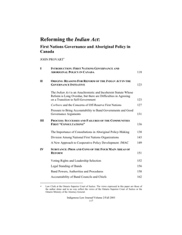 Reforming the Indian Act: First Nations Governance and Aboriginal Policy in Canada