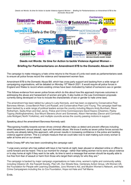 Its Time for Action to Tackle Violence Against Women – Briefing for Parliamentarians on Amendment 87B to the Domestic Abuse Bill