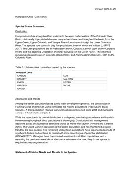 (Gila Cypha) Species Status Statement. Distribution Humpback Chub Is A