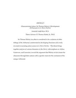 ABSTRACT Characterizing Action: Sir Thomas Malory's Development Of