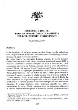 Ricerche E Ipotesi Per Una “Preistoria” Di Famiglia Nel Biellese Del