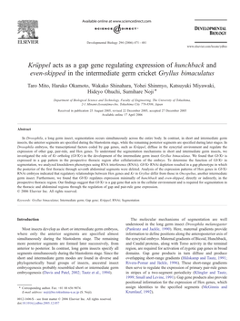 Krüppel Acts As a Gap Gene Regulating Expression of Hunchback and Even-Skipped in the Intermediate Germ Cricket Gryllus Bimaculatus