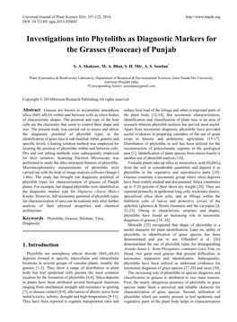 Investigations Into Phytoliths As Diagnostic Markers for the Grasses (Poaceae) of Punjab