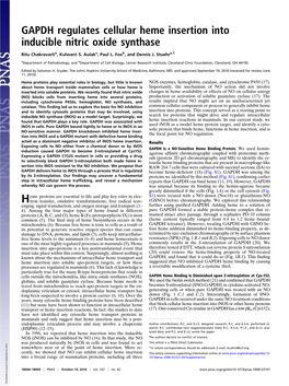 GAPDH Regulates Cellular Heme Insertion Into Inducible Nitric Oxide Synthase