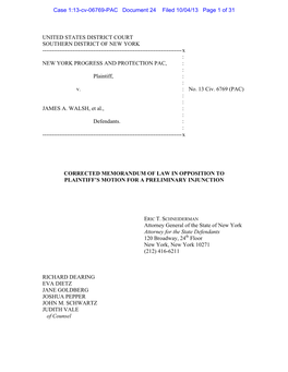 UNITED STATES DISTRICT COURT SOUTHERN DISTRICT of NEW YORK ------X : NEW YORK PROGRESS and PROTECTION PAC, : : Plaintiff, : : V