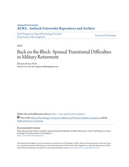 Back on the Block: Spousal Transitional Difficulties in Military Retirement Rhianna Kelsey Flohr Antioch University, New England, Rkflohr@Gmail.Com