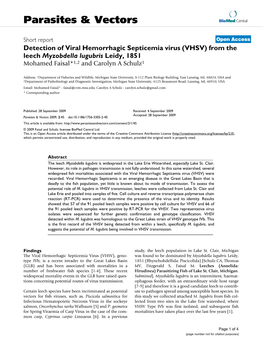 Detection of Viral Hemorrhagic Septicemia Virus (VHSV) from the Leech Myzobdella Lugubris Leidy, 1851 Mohamed Faisal*1,2 and Carolyn a Schulz1