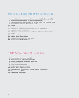 Consolidated Accounts of the Nestlé Group 137Th Annual Report Of