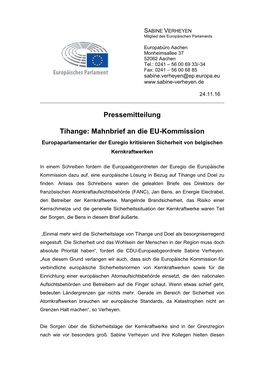 Pressemitteilung Tihange: Mahnbrief an Die EU