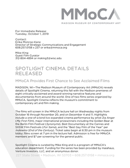 2019 Spotlight Cinema Press Release