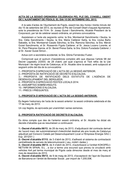 Acta De La Sessió Ordinària Celebrada Pel Ple Del Consell Obert De L’Ajuntament De Fígols, El Dia 15 De Setembre Del 2013