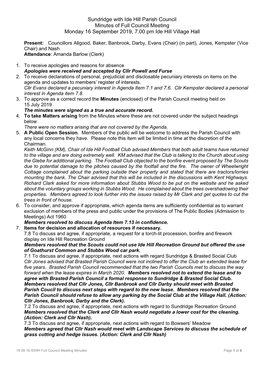 Sundridge with Ide Hill Parish Council Minutes of Full Council Meeting Monday 16 September 2019, 7.00 Pm Ide Hill Village Hall