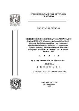UNIVERSIDAD NACIONAL AUTÓNOMA DE MÉXICO FACULTAD DE CIENCIAS DISTRIBUCIÓN GEOGRÁFICA Y ABUNDANCIA DE LAS ANÉMONAS (Cnidaria