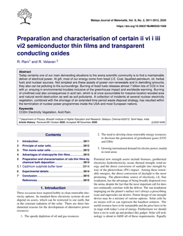Preparation and Characterisation of Certain Ii Vi I Iii Vi2 Semiconductor Thin ﬁlms and Transparent Conducting Oxides