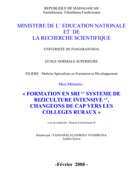 Formation En Sri '' Systeme De Riziculture