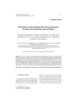 Resistance to the Parasitic Mite Varroa Destructor in Honey Bees from Far-Eastern Russia