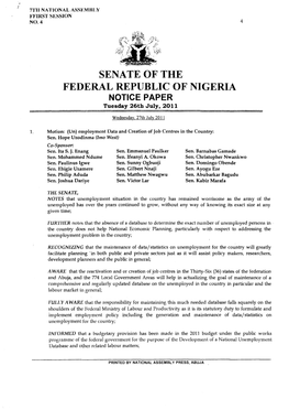 SENATE of the FEDERAL REPUBLIC of NIGERIA NOTICE PAPER Tuesday 26Th July, 2011