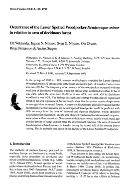 Occurrence of the Lesser Spotted Woodpecker Dendrocopos Minor in Relation to Area of Deciduous Forest