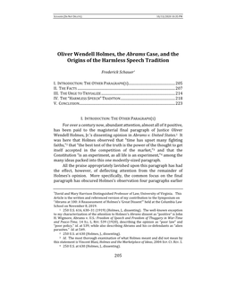 Oliver Wendell Holmes, the Abrams Case, and the Origins of the Harmless Speech Tradition