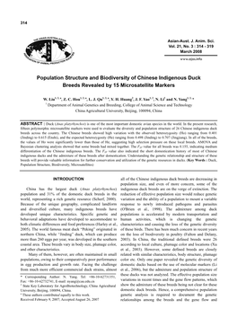 Population Structure and Biodiversity of Chinese Indigenous Duck Breeds Revealed by 15 Microsatellite Markers