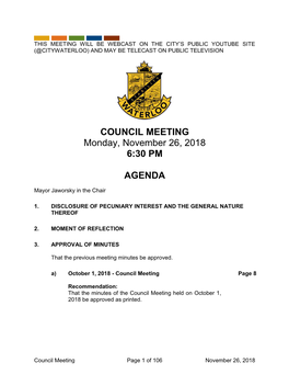 COUNCIL MEETING Monday, November 26, 2018 6:30 PM