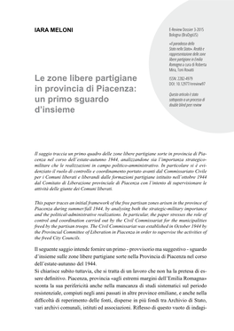 Le Zone Libere Partigiane in Provincia Di Piacenza: Un Primo Sguardo D’Insieme Delle Valli a Partire Dal Febbraio 1945 Fino Alla Liberazione