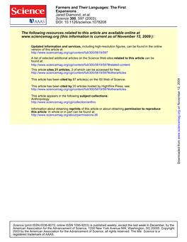 DOI: 10.1126/Science.1078208 , 597 (2003); 300 Science Et Al. Jared Diamond, Expansions Farmers and Their Languages: the First W