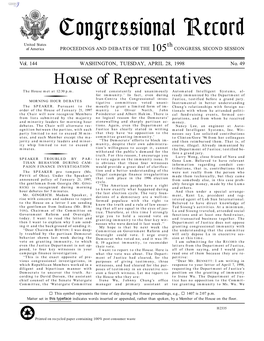 Congressional Record United States Th of America PROCEEDINGS and DEBATES of the 105 CONGRESS, SECOND SESSION