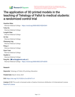 The Application of 3D Printed Models in the Teaching of Tetralogy of Fallot to Medical Students: a Randomized Control Trial