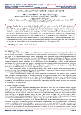 AN ANALYTICAL STUDY of SOCIAL MORALITY in ISLAM 1 Reyaz