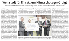 Weinstadt Für Einsatz Um Klimaschutz Gewürdigt Die Stadt Hat in Schwäbisch Hall Den „European Energy Award“ Erhalten – Als Vierte Kommune Im Rems-Murr-Kreis