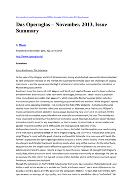 Das Opernglas – November, 2013, Issue Summary