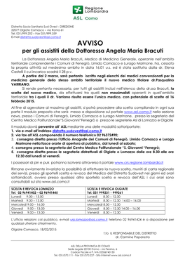 AVVISO Per Gli Assistiti Della Dottoressa Angela Maria Bracuti