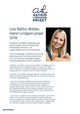 Lisa Bjärbo Tilldelas Astrid Lindgren-Priset 2018