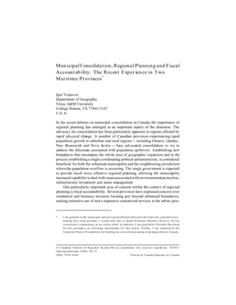 Municipal Consolidation, Regional Planning and Fiscal Accountability: the Recent Experience in Two Maritime Provinces*