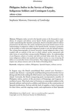 Philippine Indios in the Service of Empire: Indigenous Soldiers and Contingent Loyalty, 1600–1700