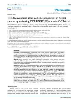 Theranostics CCL16 Maintains Stem Cell-Like Properties in Breast Cancer