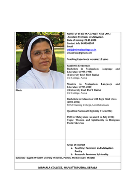 NIRMALA COLLEGE, MUVATTUPUZHA, KERALA Faculty Academic Profile