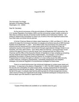 Letter to the Honorable Tom Ridge