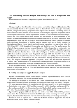 The Relationship Between Religion and Fertility: the Case of Bangladesh and Egypt Elena Ambrosetti (University La Sapienza, Italy) and Nahid Kamal (LSE, UK)