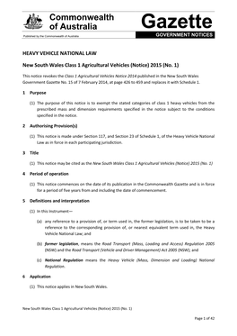 New South Wales Class 1 Agricultural Vehicles (Notice) 2015 (No