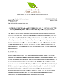 NEGRO LEAGUES BASEBALL MUSEUM BOB KENDRICK to SPEAK in LONE TREE Traveling Exhibit “They Were All Stars” in the LTAC Lobby to Accompany Presentation
