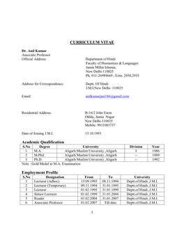 CURRICULUM VITAE Academic Qualification Employment Profile