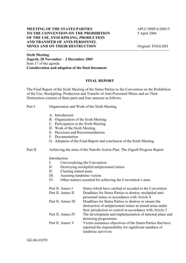 Meeting of the States Parties Aplc/Msp.6/2005/5 to The