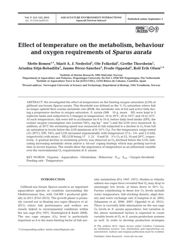 Effect of Temperature on the Metabolism, Behaviour and Oxygen Requirements of Sparus Aurata