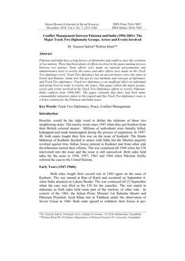 Conflict Management Between Pakistan and India (1996-2001): the Major Track Two Diplomatic Groups, Actors and Events Involved