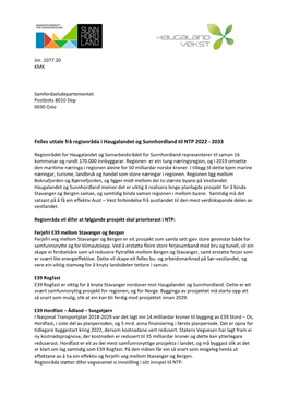 Felles Uttale Frå Regionråda I Haugalandet Og Sunnhordland Til NTP 2022 - 2033